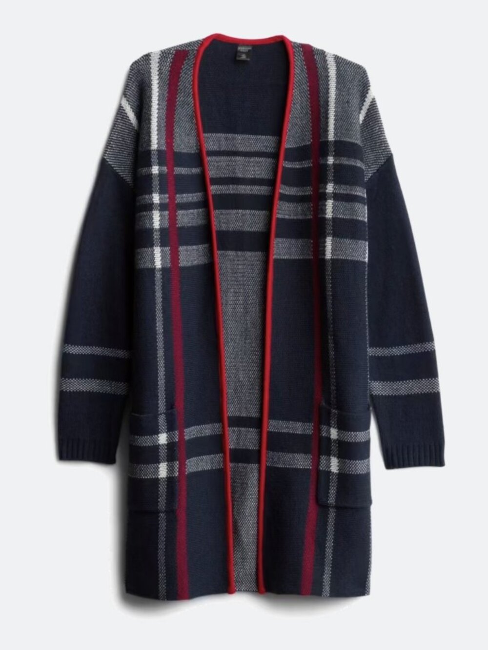 Madison Lilly | Open Cardigan Navy Red White Plaid | Longline Sweater | 1X